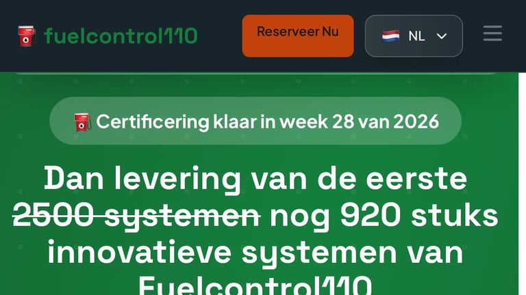 Fuelcontrol110 website header announcing certification completion in week 28 of 2026 and delivery of 2500 systems plus 920 innovative systems