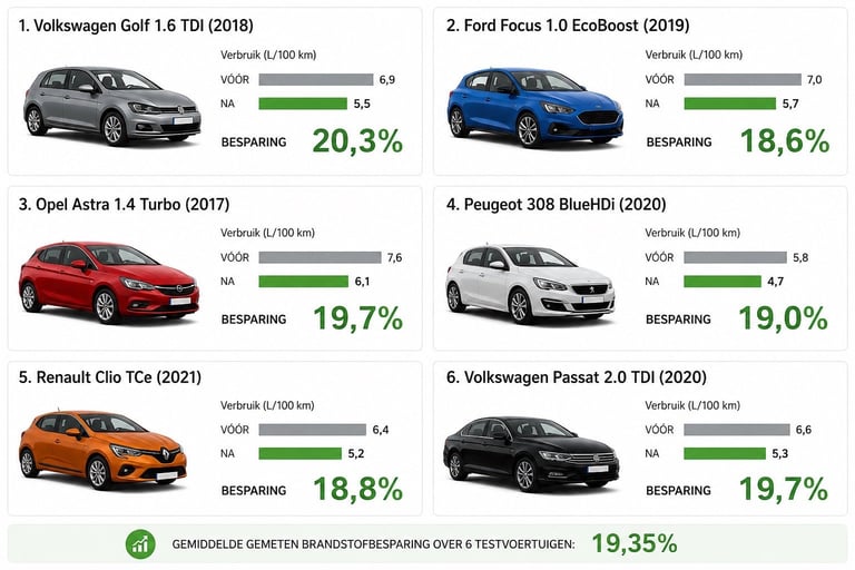Vergelijking van 6 automodellen met brandstofverbruik en remprestaties met percentagewaardes