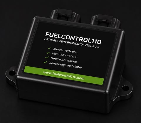 FuelControl 110 fuel consumption optimization device with black exterior, LED display showing features, and green website banner