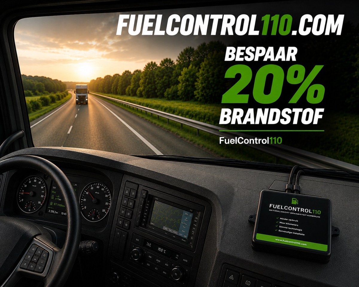 Truck dashboard view of highway with FuelControl110.com promotional offer for 20% fuel discount displayed on green text