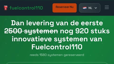 Fuelcontrol110 website header showing delivery milestone of 2500 systems with 920 remaining innovative systems